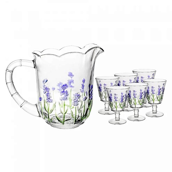 Conjunto Jarra e Taças Lavanda Hand Painting - 7 Peças - Lyor