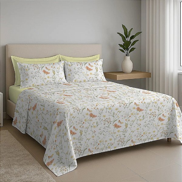 Jogo de Cama Premium Casal 150 Fios - Floral Laranja - Estamparia