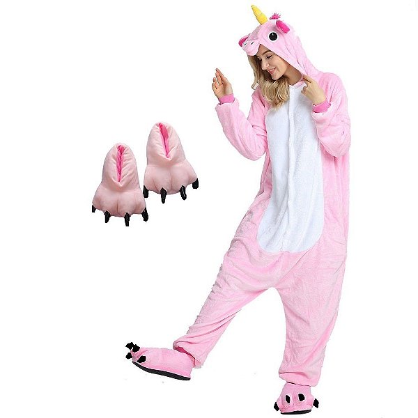 Kit Pijama Unicórnio Rosa com Pantufa Kigurumi Unissex - Amo Kigurumi