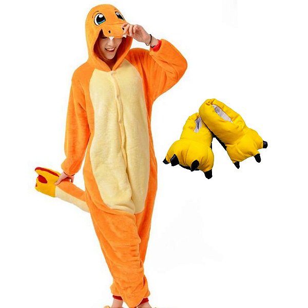 Kit Pijama Importado Charmander e Pantufa Amarela - Amo Kigurumi