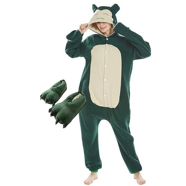 Kit Pijama Importado Snorlax Com Pantufa Kigurumi Pokemon Amo Kigurumi