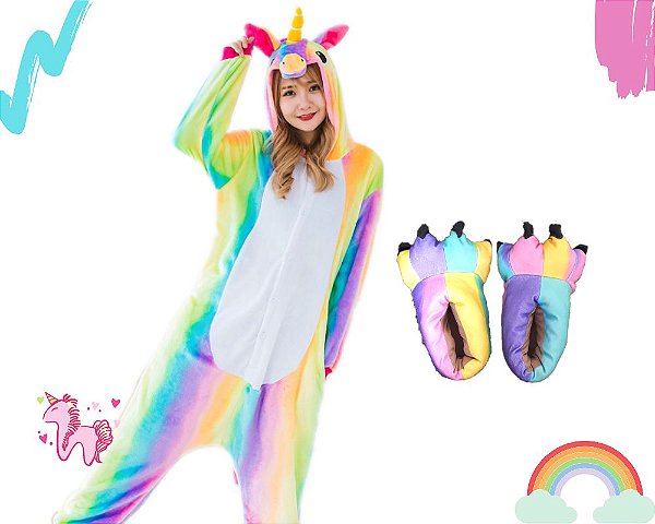 Kit Pijama e Pantufa Macacão Fantasia Kigurumi Unicórnio Arco-iris - Amo  Kigurumi