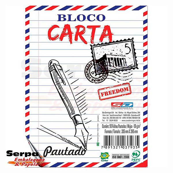 Bloco Carta Pautado com 50 Folhas - 140x200mm - São Domingos