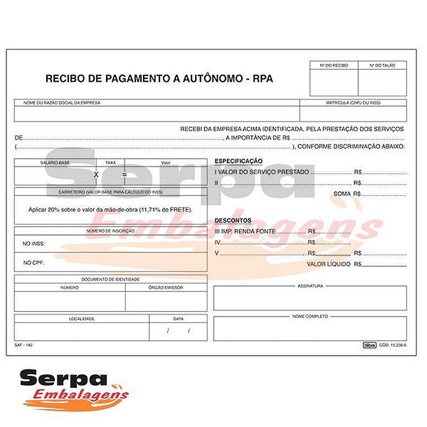 Serpa Recibo De Pagamento A Autônomo Rpa 3 Vias Serpa Embalagens E Papelaria Utilidades 1934