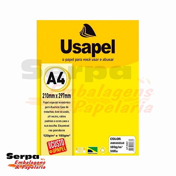 Papel  A4 Amarelo - USAPEL Color 180G - Pacote com 50 Folhas