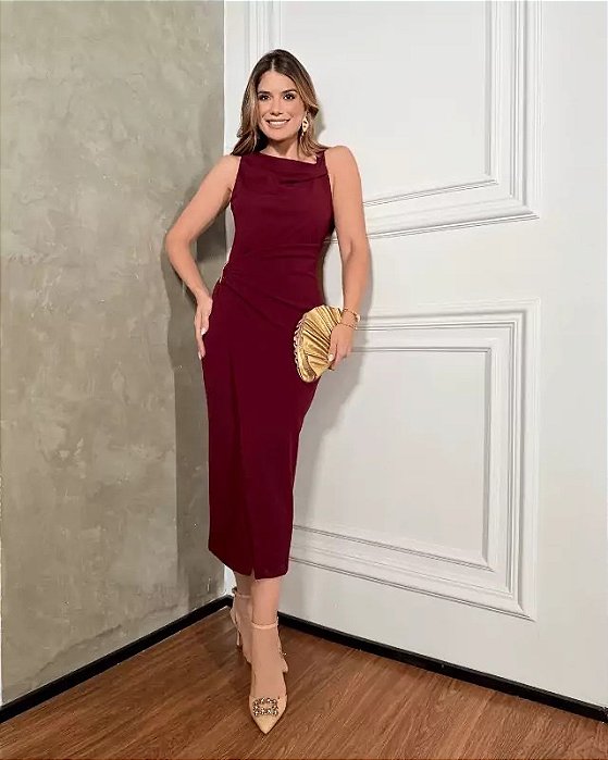Vestido Marina Midi Malha Creponada Fivela Organica