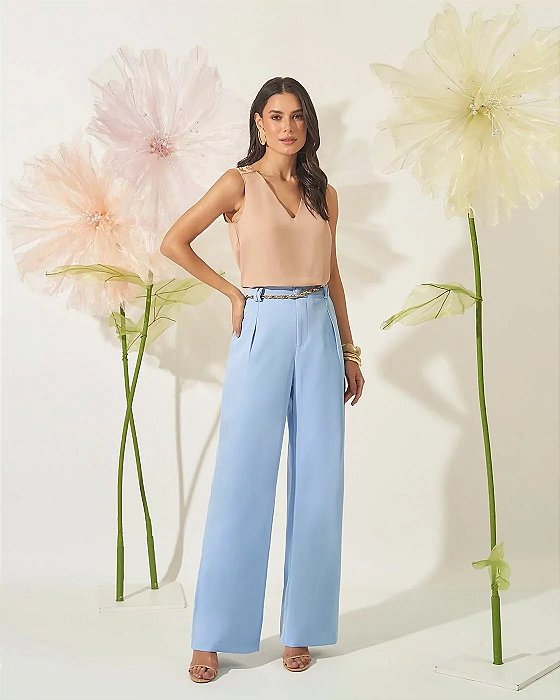 Calça Alfaiataria Azul Céu Botão Forrado