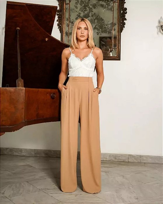 Calça Pantalona Prega Macho Doce de Leite