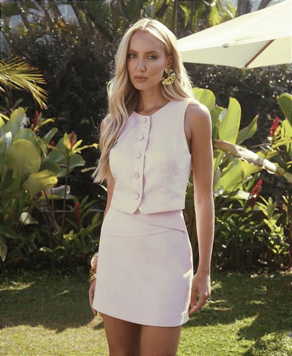 Saia Mini Linho Pala Pregas Rosa Claro