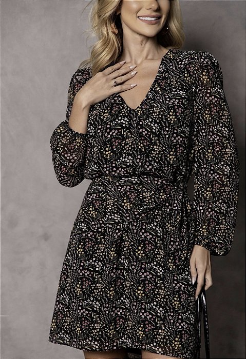 Vestido Floral Manga Longa Chiffon