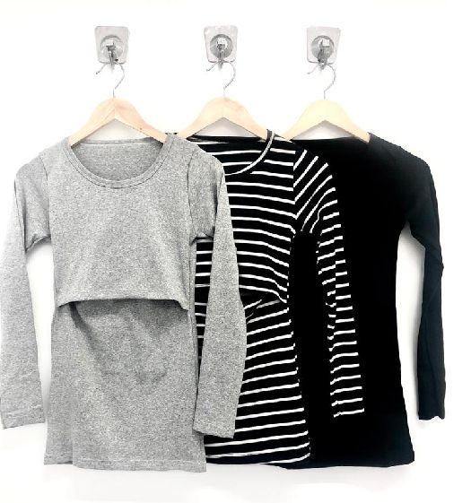 3 Blusa Amamentação Manga Longa Pret Cinza Mescla Listrada