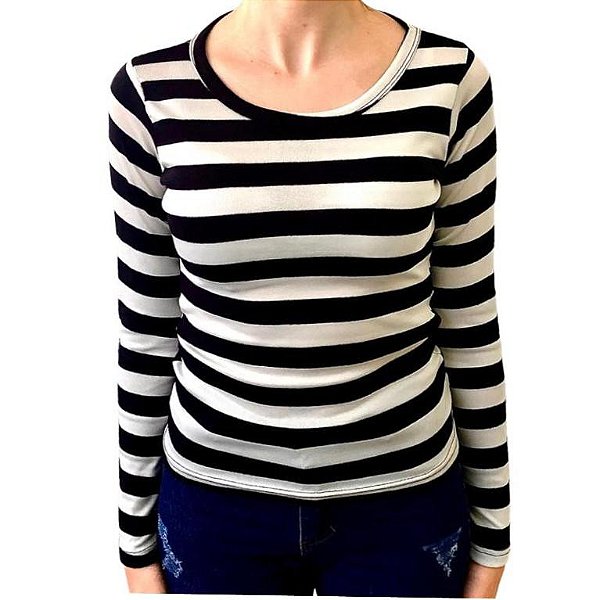 Blusa Feminina Manga longa LISTRADA Gola Baixa 96% algodão 4 % elastano
