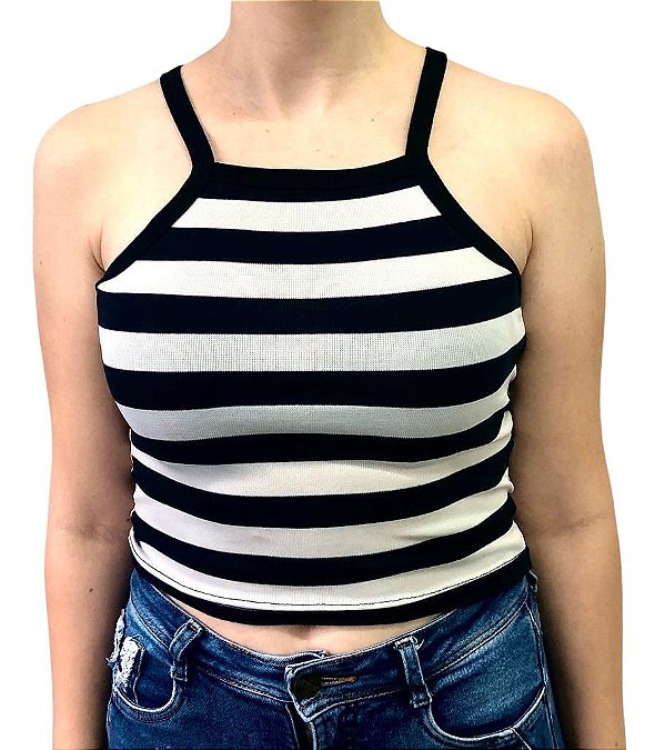Cropped Alcinha Feminina PRETO E BRANCA  Listrada 96% Algodão 4% Lycra Fio 30.1