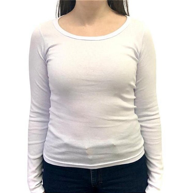 Blusa Feminina Manga longa Branca Gola Baixa 96% algodão 4 % elastano