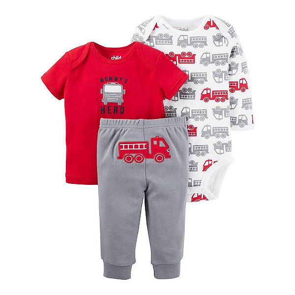Conjunto Body Longo, Camiseta e Calça Caminhões Vermelho Child of Mine made by Carter's