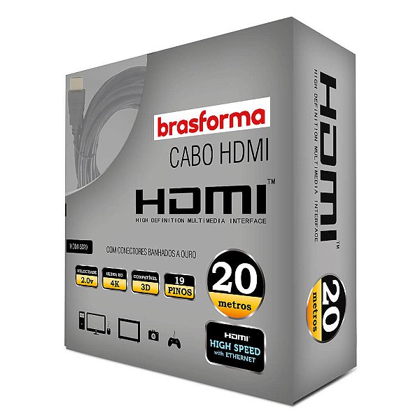 CABO HDMI 2.0 4K 3D 1080P 19+1 PINOS - 20 METROS BRASFORMA HDMI-5020