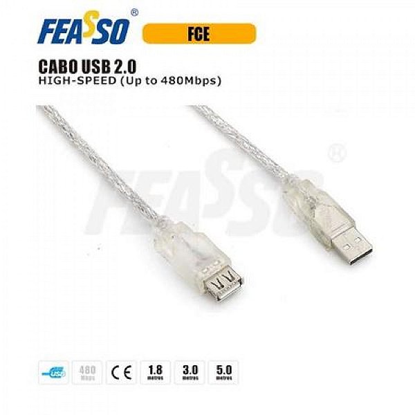 CABO EXTENSÃO 3 METROS FCE3 USB 2.0 AM X AF CRYSTAL FEASSO
