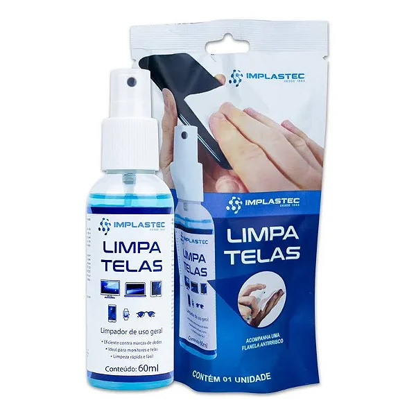 Limpa Telas Antiestático 60ml Implastec Clean Blister com Flanela