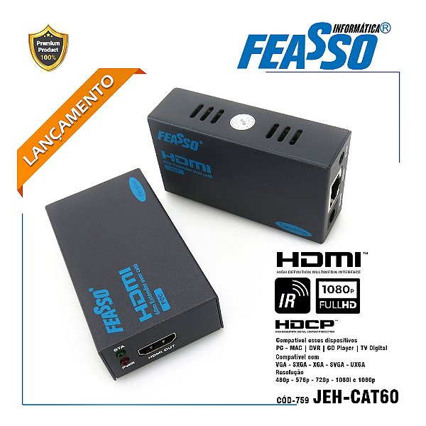 EXTENSOR DE SINAL JEH-CAT60 HDMI ATE 60M VIA RJ45 FEASSO 759