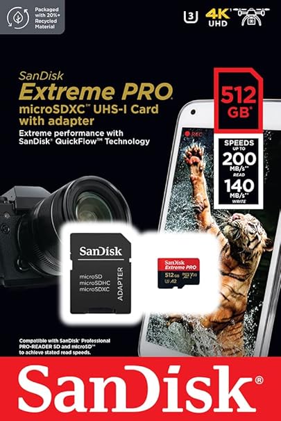 Cartão de Memória SanDisk Extreme Pro 512GB MicroSDXC V30 A2 200MB/s - SDSQXCD-512G-GN6MA - Infopeças
