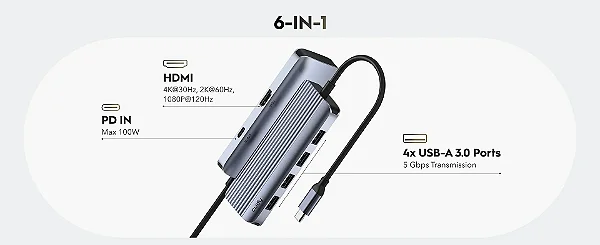 Hub Adaptador Multiportas 6 em 1 Cudy UH500 USB-C para HDMI 4K / 4x USB 3.2 / 1x USB-C PD 100W