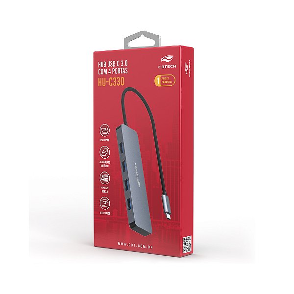 Hub Multiportas C3Tech HU-C330GY — USB-C para 4x Portas USB-A 3.0 SuperSpeed