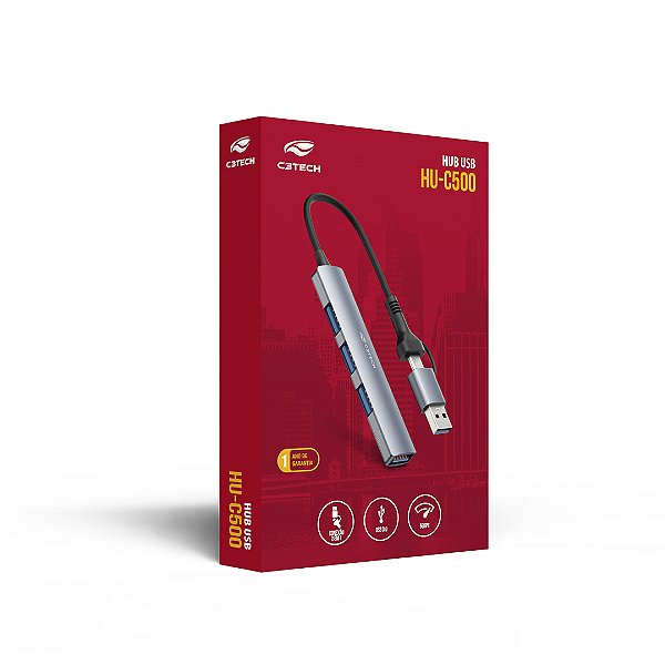 Hub USB-C e USB 3.0 4 Portas C3Tech Aluminio Prata - HU-C500GY