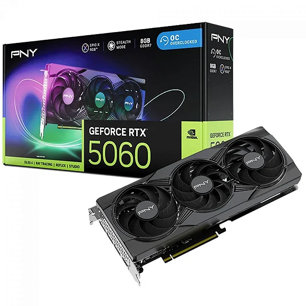 Placa de Vídeo PNY NVIDIA GeForce RTX 5060 EPIC-X RGB OC Triple Fan 8GB GDDR7 128-Bits - VCG50608TFXXPB1-