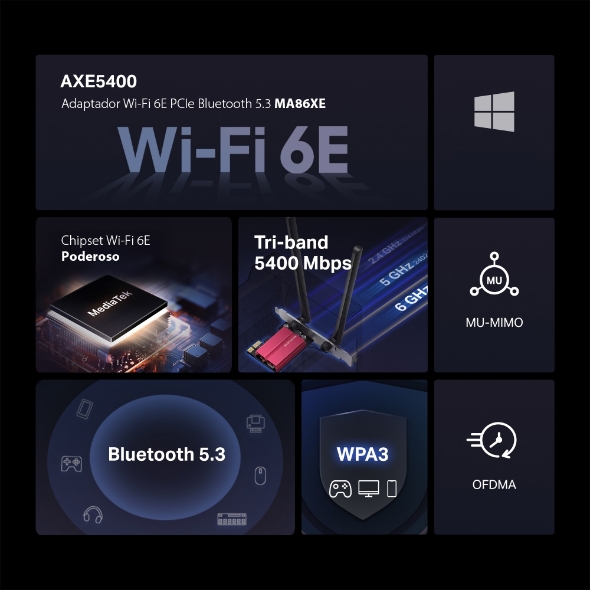 Placa Wi-Fi 6E PCIe AXE5400 Bluetooth 5.3 Mercusys | Infopeças