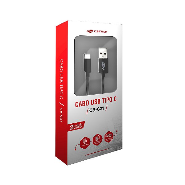Cabo USB para USB-C 2m C3Tech CB-C21BK Preto 2A | Infopeças