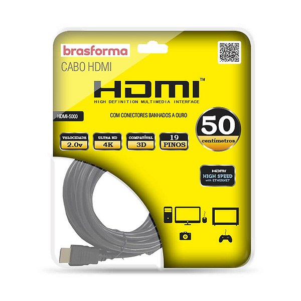 Cabo Hdmi Brasforma 50cm 2.0 4k 3d 19+1 Pinos