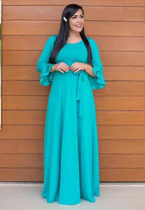 Vestido Longo Manga Longa Sino - Moda Cristã - Flor de Amêndoa