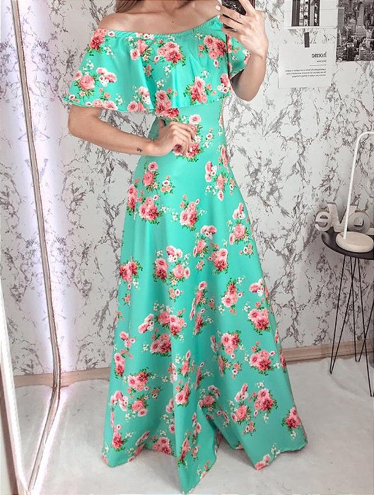 vestido verde floral longo