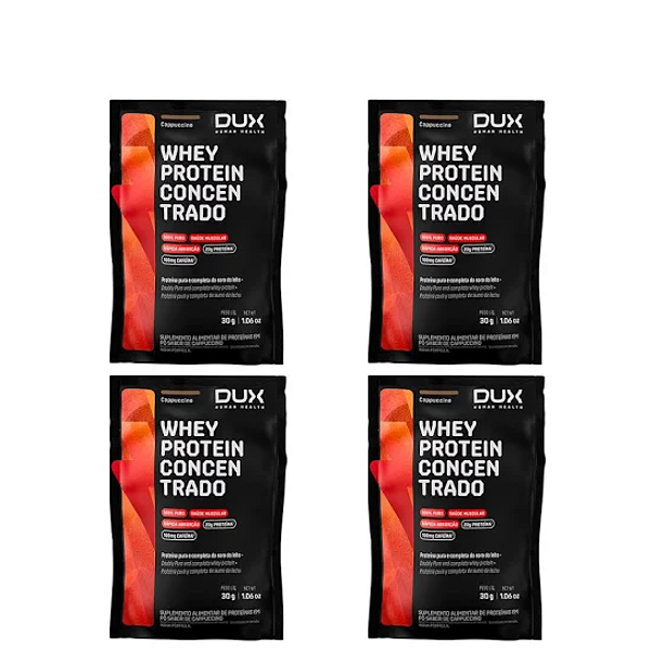 WHEY PROTEIN CONCENTRADO SACHE 4x30g DUX HUMAN HEALTH - 1 CHOCOLATE - 1 CHOCOLATE BRANCO - 1 COOKIES - 1 COCO