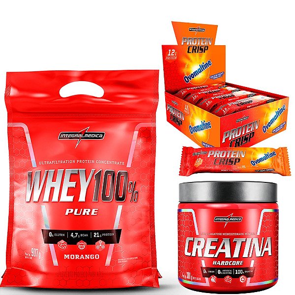 WHEY 100% PURE 900G - CREATINA 300G - CRISP BAR 12 UNIDADES SABOR OVOMALTINE - INTEGRALMÉDICA