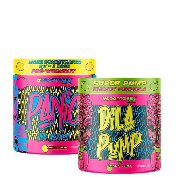 pré treino PANIC 300G - sabor uva + DILA PUMP 318G sabor manga e laranja - ADAPTOGEN