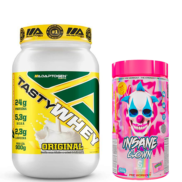 TASTY WHEY 900G ADAPTOGEN + PRÉ TREINO INSANE CLOWN 350G DEMONS LAB SABOR TUTTI-FRUTTI - DEMONS LAB