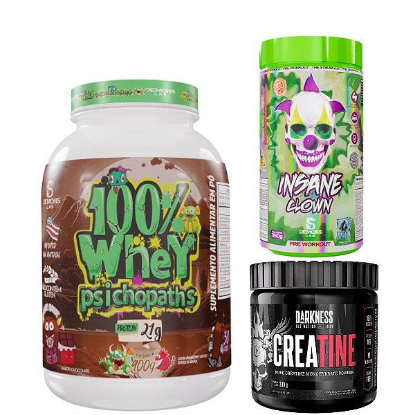 100% WHEY PSICHOPATHS 900G - INSANE CLOWN - SABOR SOUR STRIPS - 350G - DEMONS LAB - CREATINA 300G - DARKENSS
