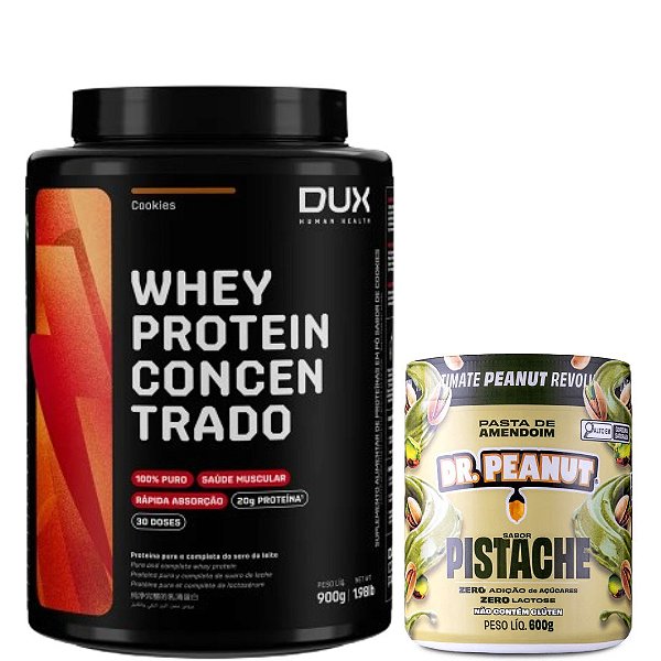 WHEY PROTEIN CONCENTRADO 900g- DUX HUMAN HEALTH - PASTA AMENDOIM 600G DR.PEANUT 600G - SABOR PISTACHE