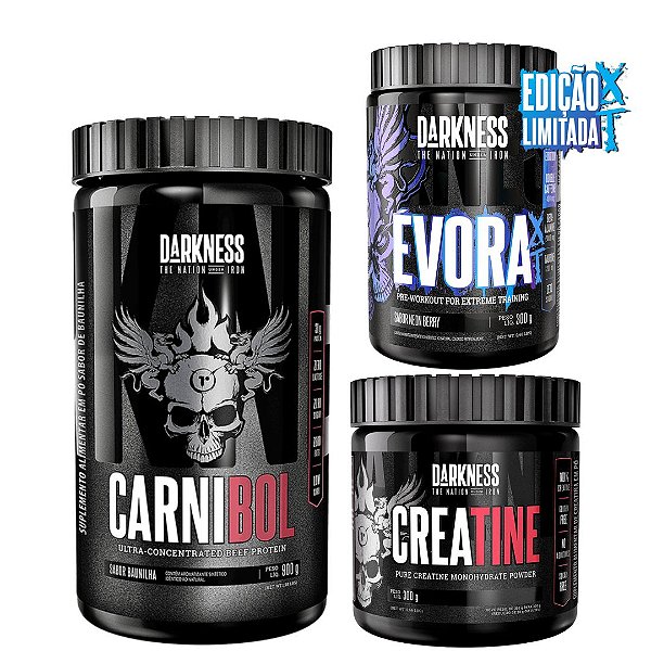 CARNIBOL 900g ZERO LACTOSE + PRÉ TREINO ÉVORA XT 300G(VALIDADE 08/26) SABOR BLOODY BERRY + CREATINA 300G 100% PURA - Darkness