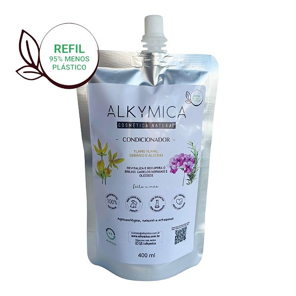 Refil 400ml Condicionador Natural Biodegradável com Óleos essenciais Ylang ylang, Gerânio e Alecrim