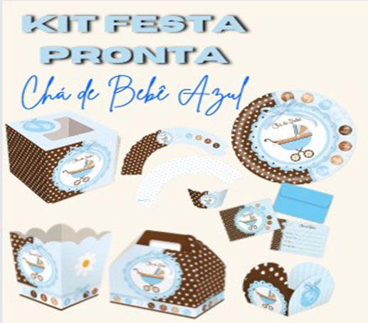 Kit Festa Tema Chá de Bebê Azul e Marrom - 07 Itens