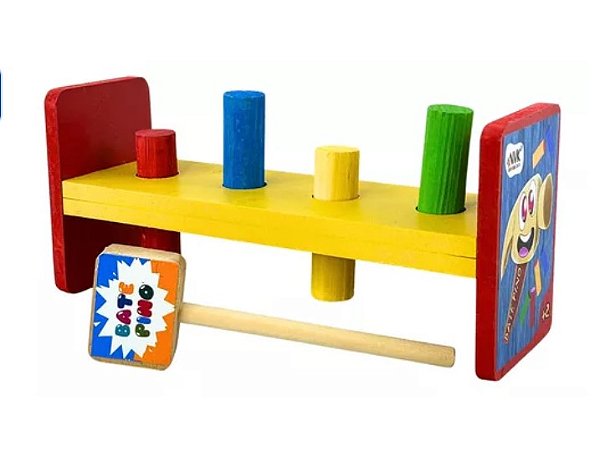 Brinquedo Pedagógico Bate Pinos Educativo Com Martelo Em Madeira MDF