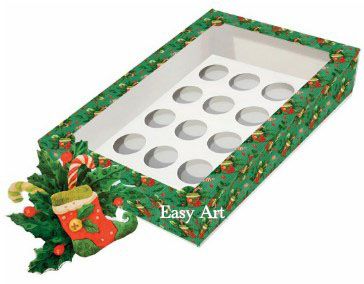 Caixa para 12 Brigadeiros com Visor, Berço e Tag - Botas de Natal