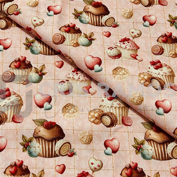Tecido Cupcakes e Docinhos Rosê Digital (50cm x 150cm)