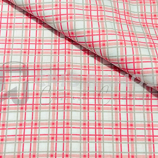 Tecido Tricoline Xadrez Branco e Rosa - Fabricart - 50 x 150 cm