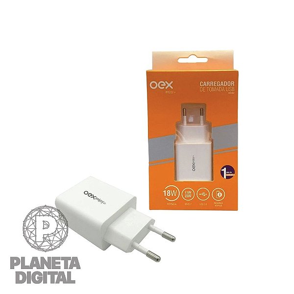 Carregador de Tomada USB 18W USB 3.0 Recarga Rápida Branco - OEX