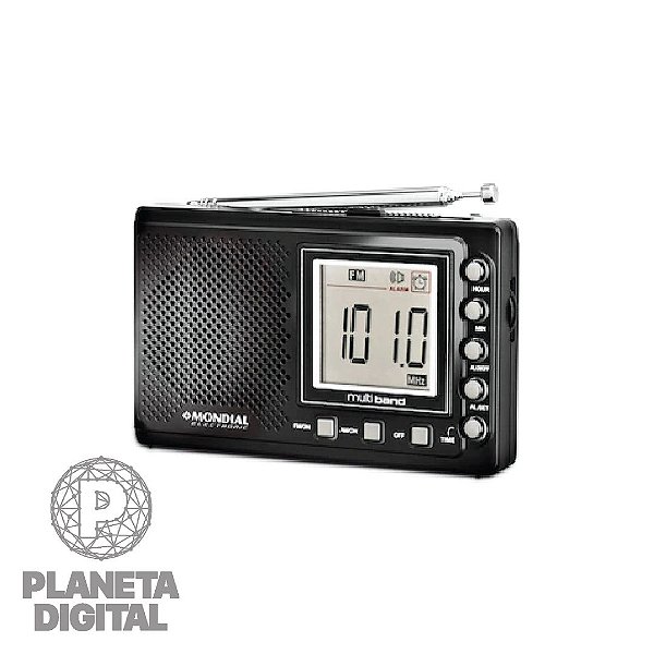 Rádio Portátil Estéreo FM/AM/SW 2 Pilhas AA Função Relógio e Alarme Alça para Transporte Preto - MONDIAL