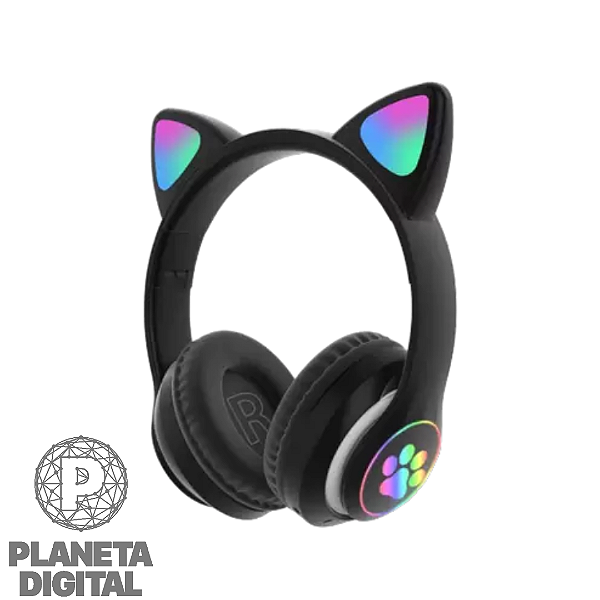 Fone de Ouvido Gatinho com LED Colorido Design Dobrável Bluetooth 5.0 Duração de Até 5 horas Fone Almofadado Conexão P2 5V Preto LEF-1022 - LEHMOX