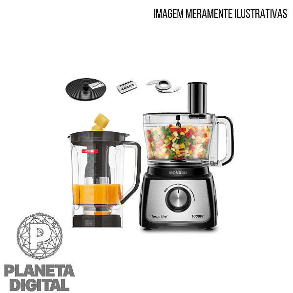 MultiProcessador Turbo Chef 5 em 1: Processador, Liquidificador, Ralador, Fatiador e Picador 1000W Lâminas em Aço Inox Pés Antiderrapantes MPN-01-B - MONDIAL
